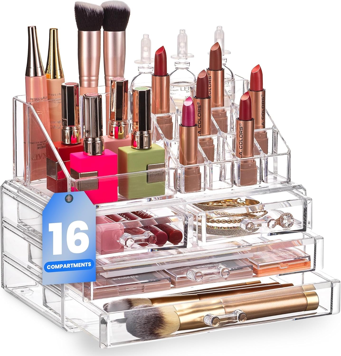 Clear Makeup Organizer - 16-Compartment Cosmetic and Jewelry Holder with 4 Drawers - Vanity Storage Box for Makeup, Skincare, Accessories, and Jewelry Display