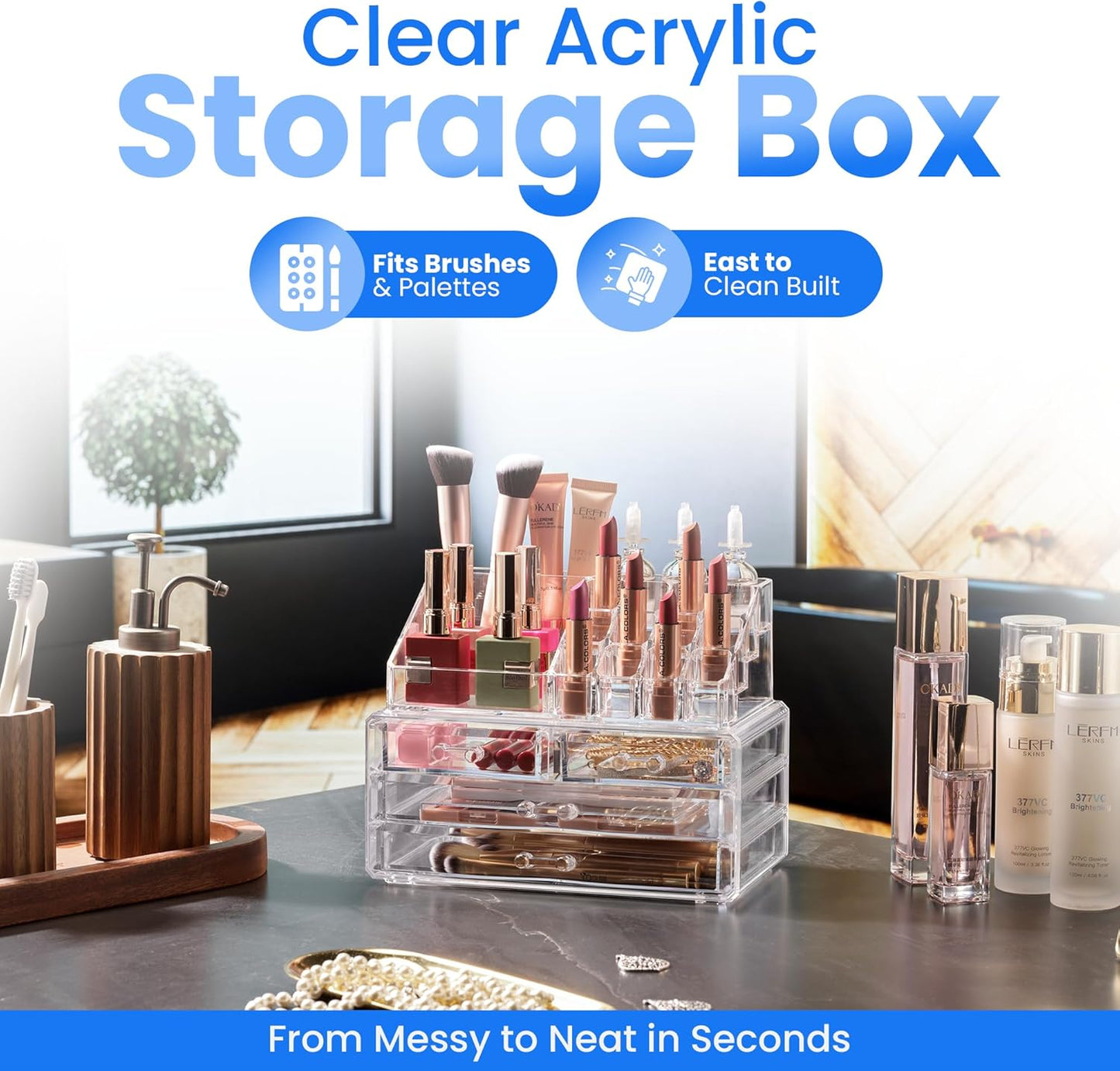 Clear Makeup Organizer - 16-Compartment Cosmetic and Jewelry Holder with 4 Drawers - Vanity Storage Box for Makeup, Skincare, Accessories, and Jewelry Display