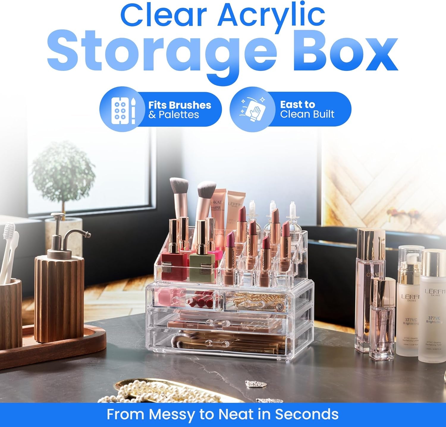 Clear Makeup Organizer - 16-Compartment Cosmetic and Jewelry Holder with 4 Drawers - Vanity Storage Box for Makeup, Skincare, Accessories, and Jewelry Display