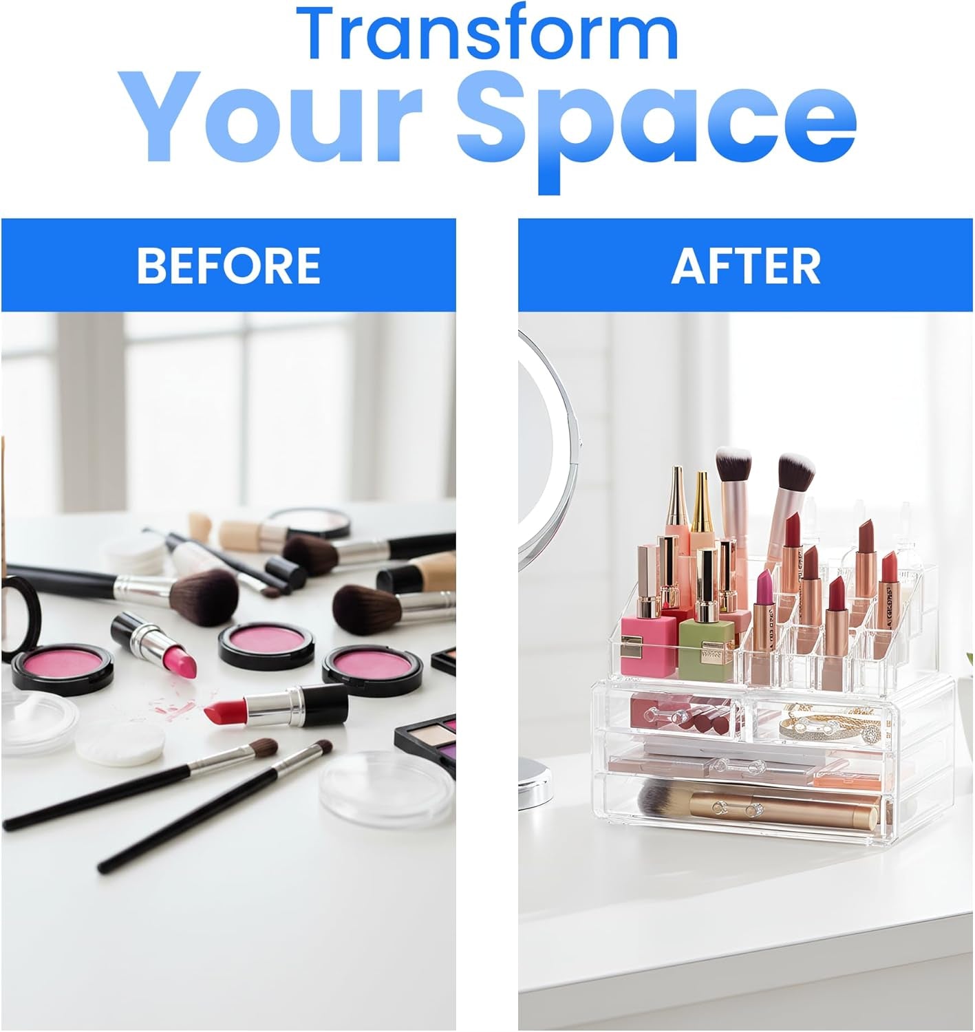 Clear Makeup Organizer - 16-Compartment Cosmetic and Jewelry Holder with 4 Drawers - Vanity Storage Box for Makeup, Skincare, Accessories, and Jewelry Display