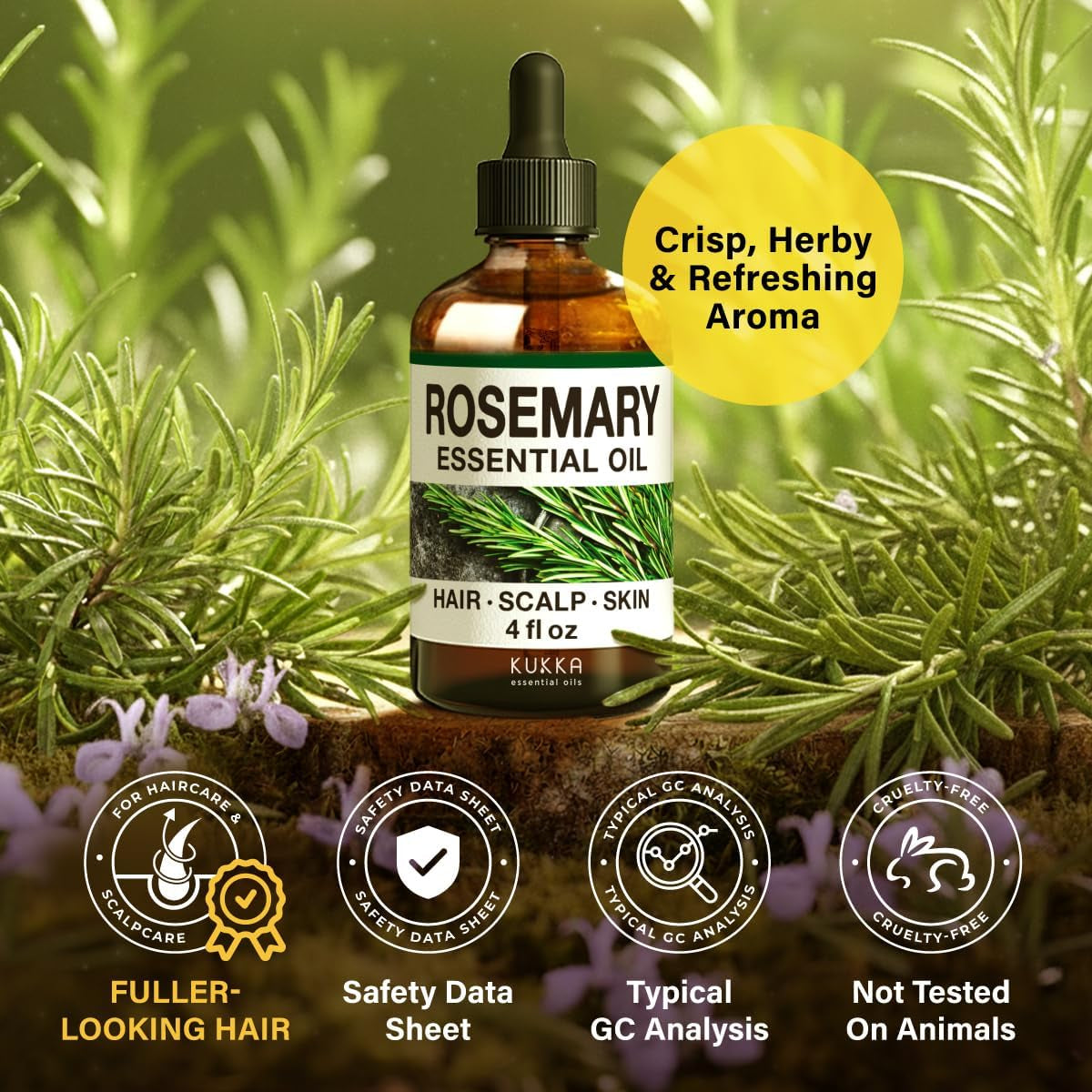 Kukka Rosemary Oil for Hair - 100% Natural Rosemary Hair Oil - Rosemary Essential Oils for Skin, Diffuser & Aromatherapy - Soap Making & DIY (4 Fl Oz).