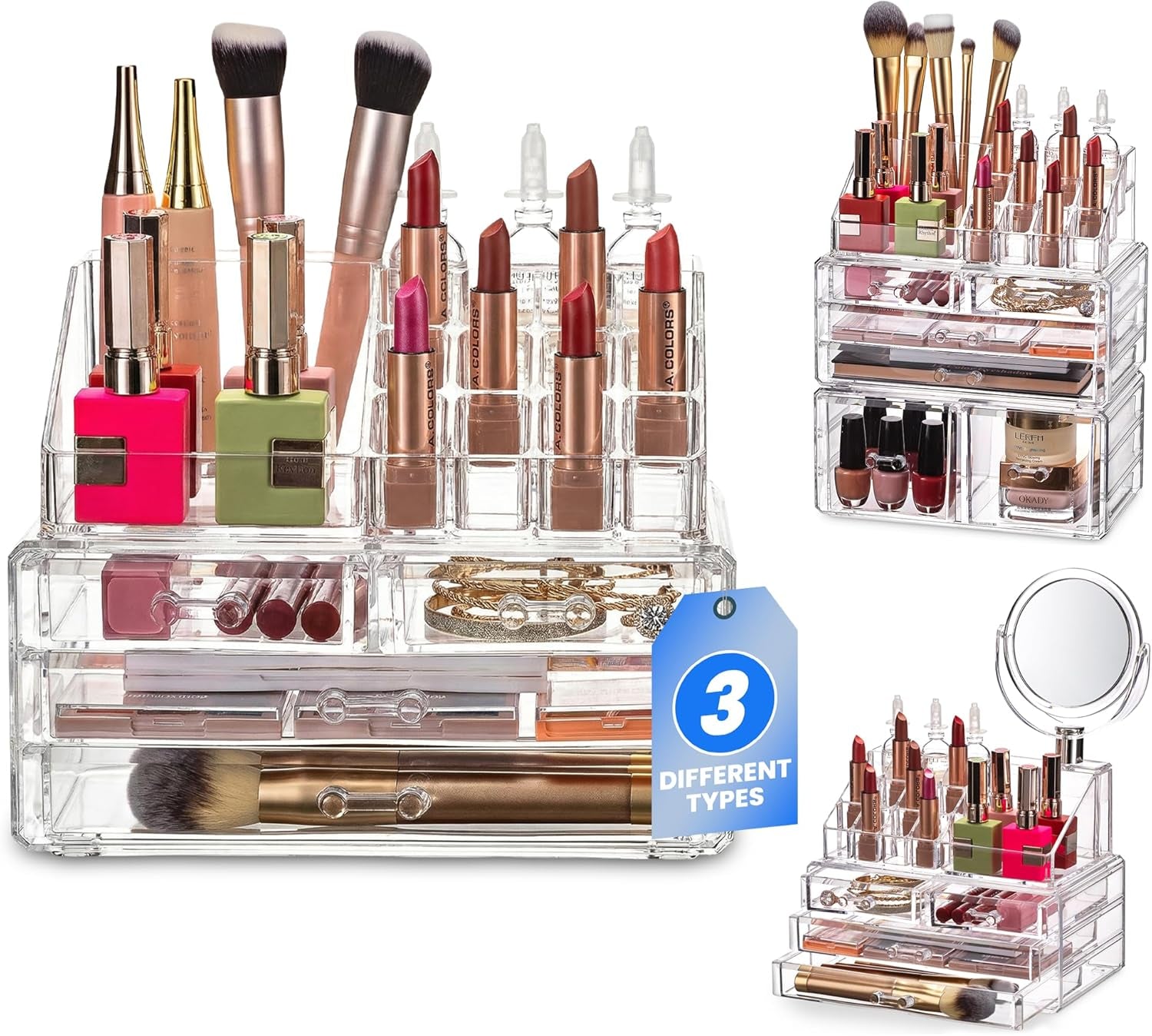 Clear Makeup Organizer - 16-Compartment Cosmetic and Jewelry Holder with 4 Drawers - Vanity Storage Box for Makeup, Skincare, Accessories, and Jewelry Display